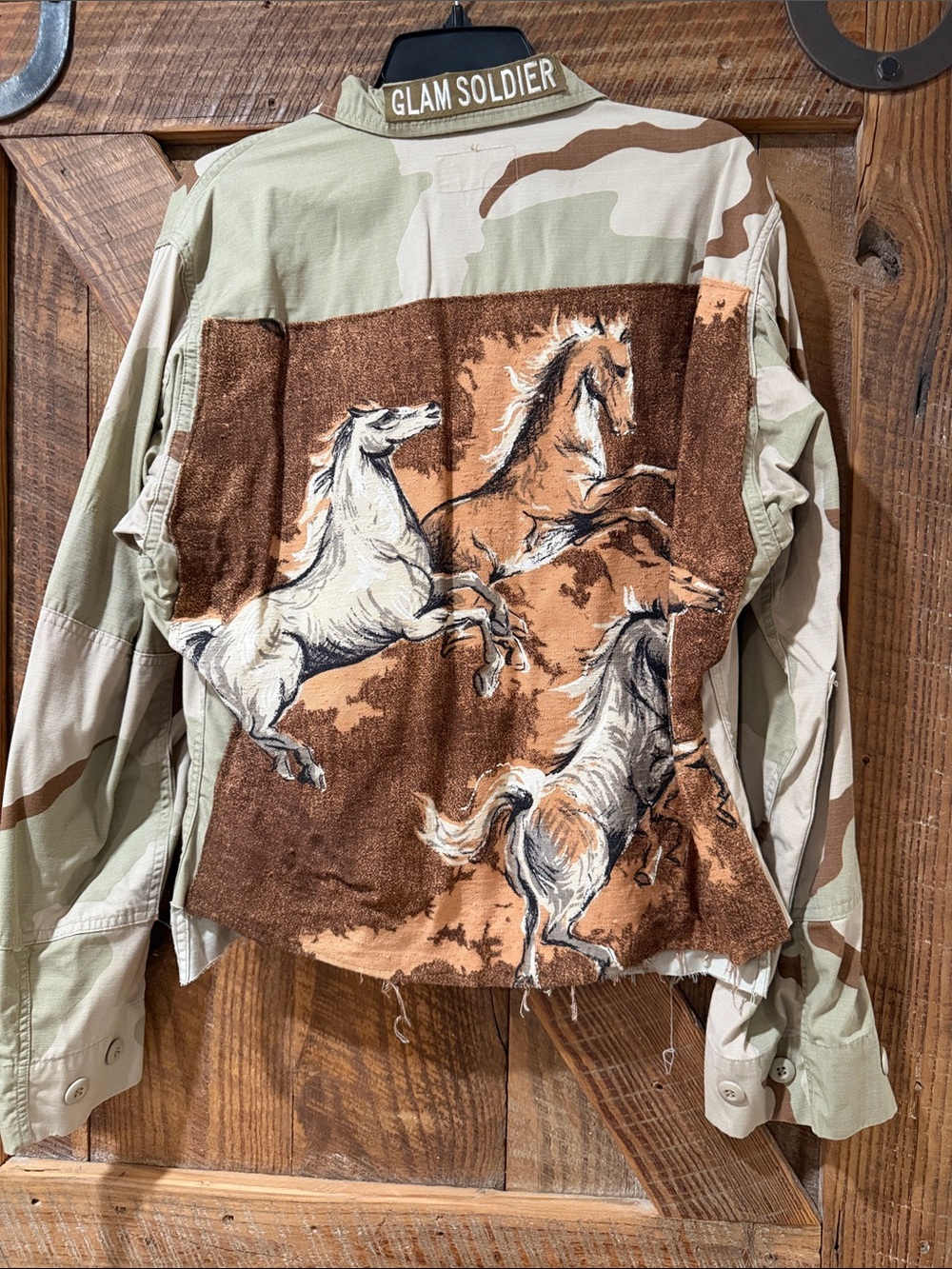 Camo Jacket with Brown Horse-Print Panel